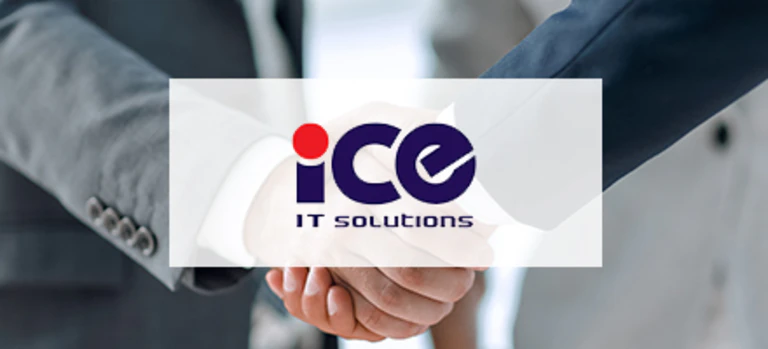 ICE IT Solutions Logo und im Hintergrund einen Handshake