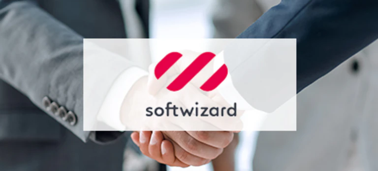 Softwizard Logo und im Hintergrund ein Handshake