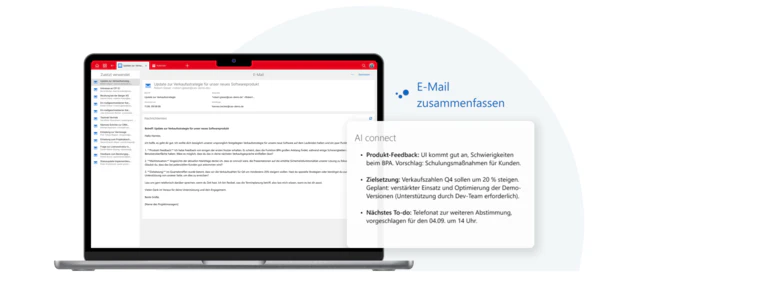 Notebook zeigt E-Mail in CAS genesisWorld, die mit KI im CRM AI connect automatisch zusammengefasst wird.