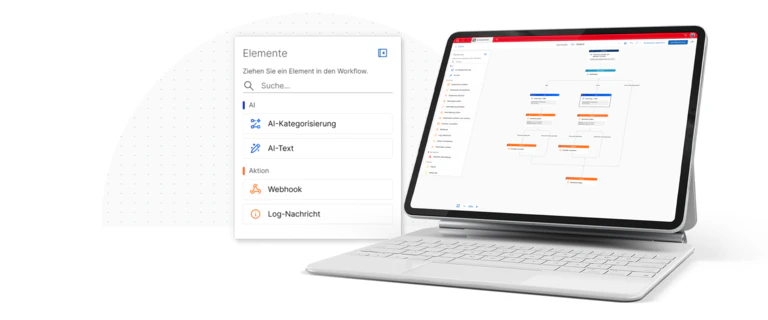 Notebook zeigt Ablauf Business Process Automation, die durch Texterkennung des KI im CRM AI connect aktiviert wird.