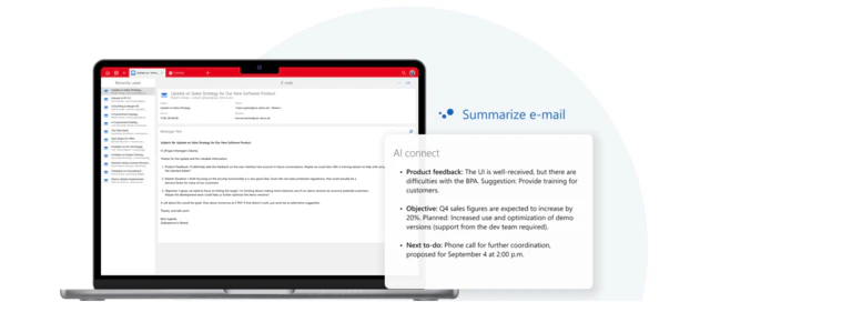 Notebook displays an email in CAS genesisWorld that is automatically summarized using AI connect as AI in CRM.